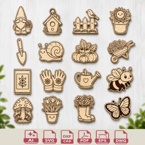 Puede incluir: Colección de recortes de madera con temática de jardín, que incluyen un gnomo, una casa para pájaros, una valla con un pájaro, un girasol, una pala, un caracol, calabazas, una carretilla, un paquete de semillas, guantes, una regadera, una abeja, una seta, tulipanes, botas de agua y una mariposa.