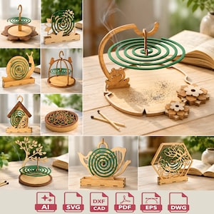 May include: A collection of wooden incense holders in various designs, including a snail, a birdcage, a house, and a teapot. Each holder features a green incense coil. The holders are displayed on a wooden surface.