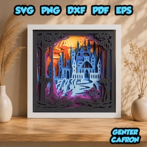Caja de sombras 3D Castillo en la colina SVG, archivo de corte de papel en capas de castillo de fantasía, plantilla de corte láser de cuento de hadas, decoración Cricut