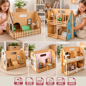 May include: A collection of wooden dollhouses in various designs. Each dollhouse features intricate laser-cut details, including fences, windows, and interior furnishings. Some dollhouses have blue or pink accents. The image also shows file type icons.