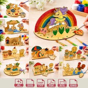 Può includere: Kit artigianali in legno con vari disegni, tra cui animali, cibo e scene. Ogni kit include pezzi di legno tagliati al laser pronti per essere dipinti con colori vivaci. Ideale per progetti creativi.