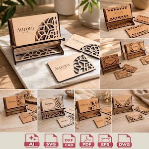 May include: A light brown wooden business card holder featuring intricate laser-cut geometric patterns and the text Aurora Studio. The set includes matching wooden business cards with similar cut-out designs, presented alongside digital file icons.