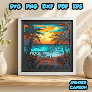 May include: A square framed multi-layered paper art piece depicting a tropical beach sunset with black silhouettes of palm trees, a lounge chair, and an umbrella against orange, yellow, and blue layers. Text at the top reads SVG PNG DXF PDF EPS.