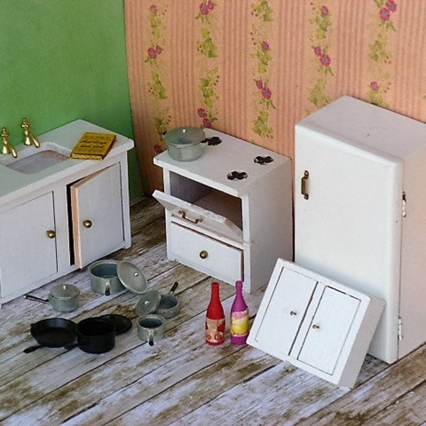 Dollhouse Miniature Kitchen Wooden Dollhouse stove sink refrigerator cabinet pots pans lids cookbook 2 bottles 1 can
