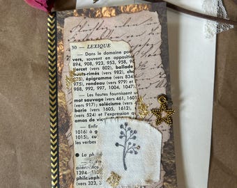 Handmade Mixed Media Card-French Book Page, Fabric, Gold Leaf, Metal Charm