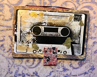 Hand Printed Cassette Notebook-Small Mixed Media Journal with Gold Leaf Accent on Cover-Pocket-Tag