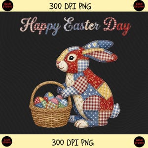 Coelho da Páscoa em patchwork PNG para sublimação, presente de Páscoa para ela, estampa de coelho acolchoado para camiseta, presente para cesta de Páscoa infantil, arte DIY