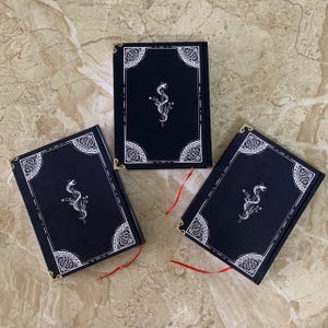 Pu&ograve; includere: Tre diari neri con copertina rigida con bordi bianchi decorati e un motivo a serpente centrale. Ogni diario ha angoli dorati e un segnalibro a nastro rosso. I diari sono disposti su una superficie di marmo.