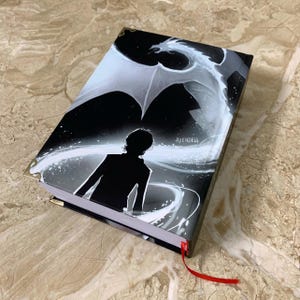 K&ouml;nnte beinhalten: Ein schwarz-wei&szlig; illustriertes Buch mit einem Drachen und einer Silhouette auf dem Einband. Das Buch hat goldfarbene Eckensch&uuml;tzer und ein rotes Leseb&auml;ndchen. Das Wort "AVENDELL" ist auf dem Einband aufgedruckt.