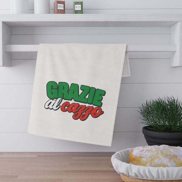 Funny Italian Kitchen Towel | Grazie al Cazzo Tea Towel | Italian Slang Gift | Sarcastic Kitchen Décor | Italian American Humor Gift