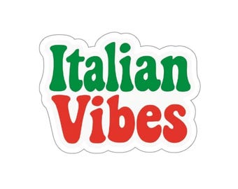 May include: A sticker with the words "Italian Vibes" in green and red, with a white border. The text has a retro, groovy font style.