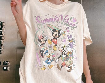 Retro Disney Summer Vibes Shirt, Mickey Minnie Donald Daisy Goofy Beach Tee, Disney Family Trip 2026 Shirt, Vacation Surf Ice Cream Tee