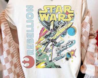 Vintage Star Wars Rebel Alliance-shirt, retro X Wing ruimteschip-T-shirt, Galaxy Edge-shirt, Disney Star Wars-grafisch T-shirt, gewassen uniseks zwart shirt