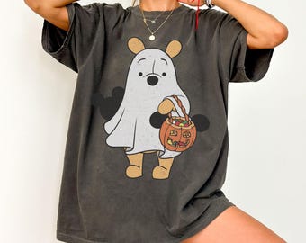 Camiseta retro de Winnie the Pooh fantasma para Halloween, colores cómodos, camiseta de Winnie the Pooh para la temporada espeluznante, camiseta de Halloween de Disney, linda sudadera unisex de otoño para regalo