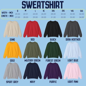 May include: A selection of crewneck sweatshirts in colours such as sand, red, black, and dark heather. The image includes a size chart with measurements in inches for width and length, ranging from S to 5XL.
