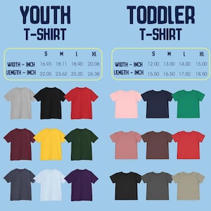 May include: A selection of youth and toddler t-shirts in a range of colours, such as grey, black, red, pink, navy, and green. Size charts in inches are displayed above the shirts, showing width and length measurements for each size.