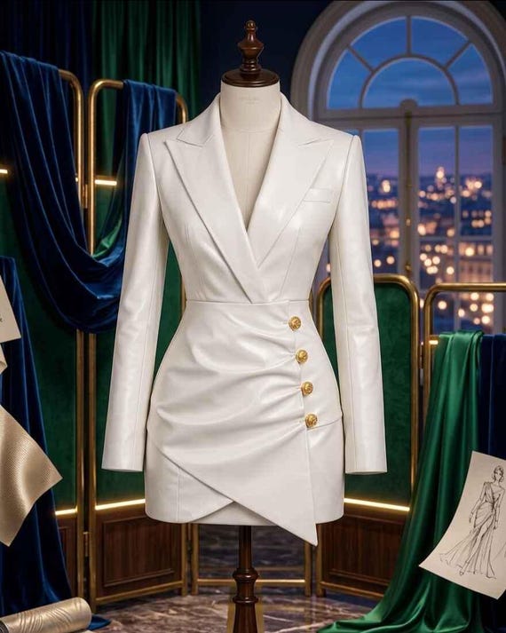 blazer bodycon dress White Genuine Leather Mini | Party Designer Outfit Own the room in Pinup L'Agence Black Gold Large Color:Dark Olive