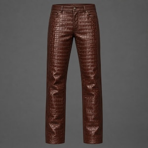 Puede incluir: Pantalones de color marrón oscuro con una textura en relieve de piel de cocodrilo en los paneles frontales. Estos pantalones incluyen una cintura estándar con un cierre de botón metálico, trabillas para cinturón y cinco bolsillos.