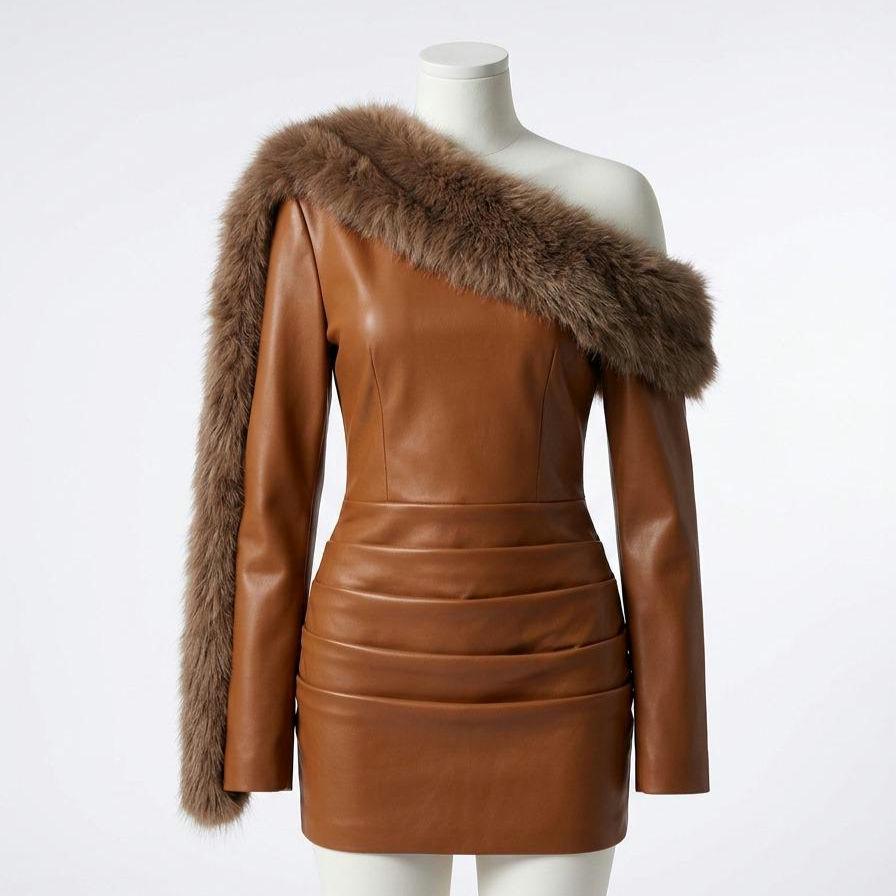 tan faux leather dress Mini With Fur Trim – Bodycon Evening Party Outfit Raje