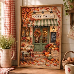Pode incluir: Uma impressão de arte de parede retangular emoldurada retratando a fachada de um Cozy Café no outono. A cena apresenta uma porta verde, um toldo listrado, um menu, abóboras e folhagem de outono. O texto COZY CAFÉ, MENU e AUTUMN COFFEE & GOOD VIBES aparece.