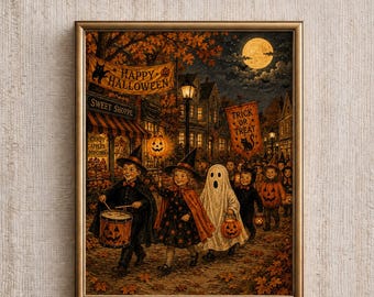 May include: A framed wall art print depicting a nighttime Halloween scene with children in costumes trick-or-treating on a street. The image features a full moon, autumn leaves, and banners with the text Happy Halloween and Trick or Treat.
