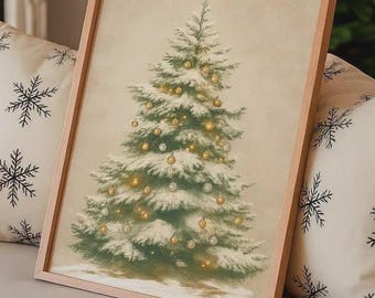 Vintage Snowy Christmas Tree Print, Neutral Holiday Decor (Digital Download)