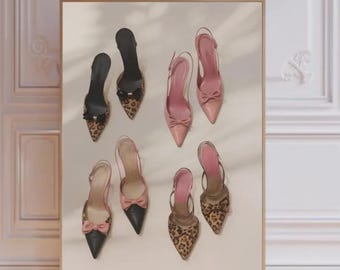 Impresión de tacones vintage, arte mural de moda rosa, decoración de dormitorio femenino, póster de estética preppy, arte sobre la cama, arte femenino para dormitorio, tacones coloridos