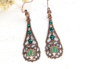 Green Tulip Earrings, Vintage Style, Dainty Filigree Earrings, Petite Enamel Jewelry, Simple Everyday Earrings, Floral Repurposed Jewelry