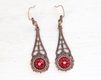 Elegant Red Jewelry, Timeless Earrings, Ornate Filigree Jewelry, Dainty Copper Earrings, Crystal Birthstone Earrings, Gift For Mother