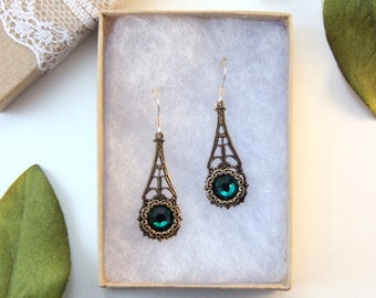 Timeless Earrings, Ornate Filigree Jewelry, Dainty Brass Earrings, May Birthstone, Elegant Emerald Jewelry Under 40, Gift For Mother