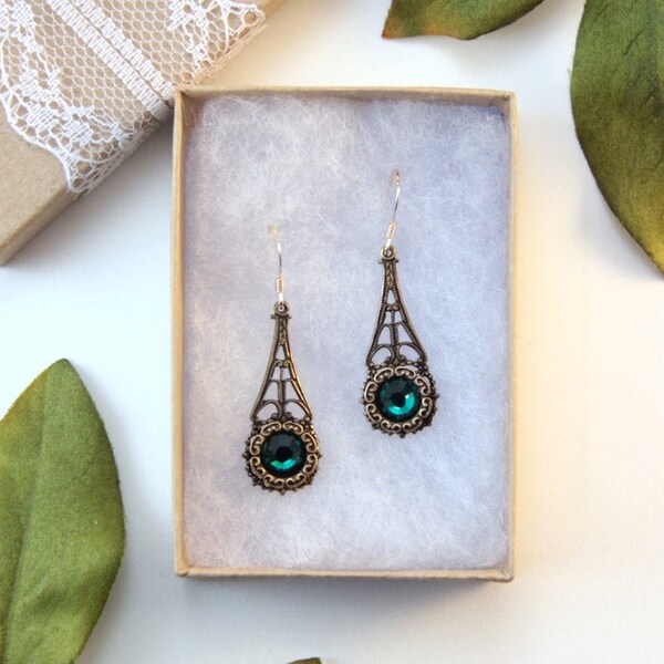 Timeless Earrings, Ornate Filigree Jewelry, Dainty Brass Earrings, May Birthstone, Elegant Emerald Jewelry Under 40, Gift For Mother