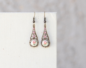 French Rose Earrings, Pink Rose Jewelry, Vintage Style, Romantic Jewelry, Brass Filigree Jewelry, Dainty Earrings, Shabby Chic Jewelry