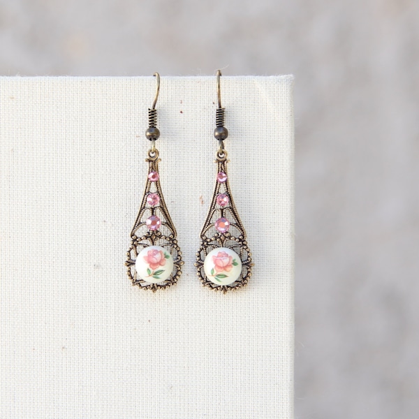 French Rose Earrings, Pink Rose Jewelry, Vintage Style, Romantic Jewelry, Brass Filigree Jewelry, Dainty Earrings, Shabby Chic Jewelry