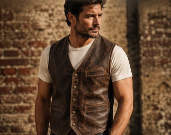 Vintage Leather Vest Men Distressed Brown Biker Waistcoat Rugged Heritage Style
