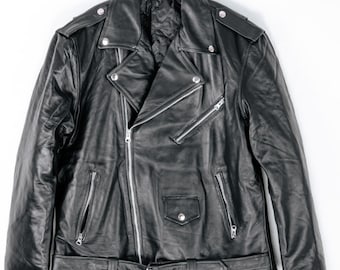 Giacca da motociclista vintage in pelle nera – Giacca da moto classica con cerniera e cintura / abbigliamento