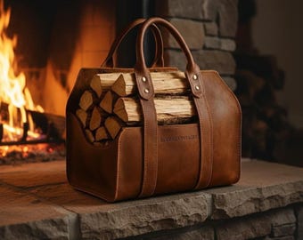 Full Grain Leather Firewood Carrier, Leather Log Tote Bag, Fireplace Wood Carrier, Heavy Duty Firewood Holder, Rustic Cabin Decor Gift