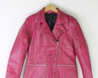 Vintage Fuchsia Leather Biker Jacket – Classic Moto Style Zip-Up Belted Motorcycle Coat | clothings