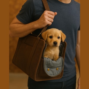 May include: A brown leather pet carrier with a shoulder strap, containing a small, light-brown puppy. The carrier features a zipped front pocket with a grey lining, and the puppy is looking directly at the camera.