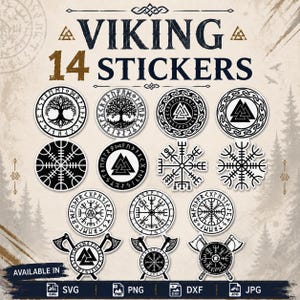 Może przedstawiać: Kolekcja 14 czarno-białych okrągłych naklejek z motywami inspirowanymi wikingami, w tym Drzewem Życia, Valknutem i Vegvisirem. Tekst VIKING 14 STICKERS znajduje się na górze, a formaty plików SVG, PNG, DXF i JPG są wymienione na dole.