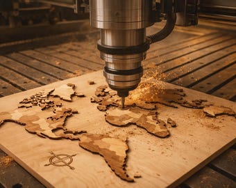 Laser cut file - World map (English-Spanish) with capitals and rivers - SVG+DXF+AI file