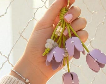 Beaded Tulip Keychain – PU Leather Floral Bag Charm
