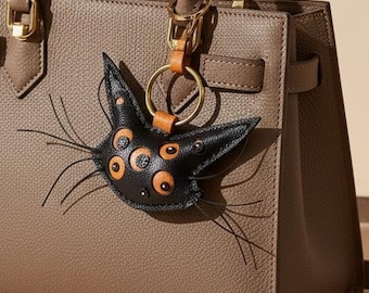 Handmade Leather Cat Charm Keychain, Black Tabby Bag Accessory