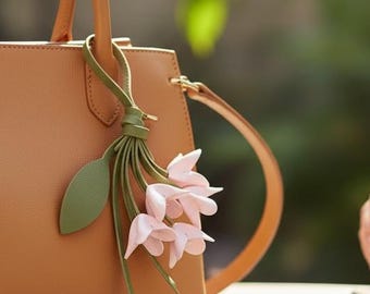 Handmade Leather Flower Keychain, Floral Purse Charm