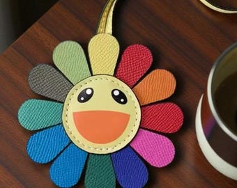 Leather Flower Keychain: Smiley Daisy Bag Charm, Colorful Key Ring