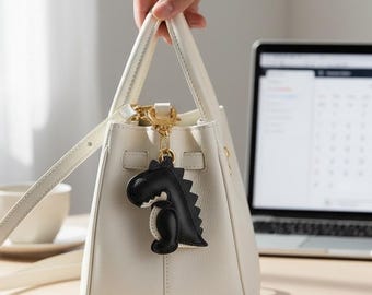 Black Leather Dinosaur Bag Charm – Kawaii Animal Purse Accessory Keychain