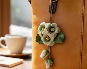 Handmade Floral Leather Bag Charm – Botanical Purse Accessory