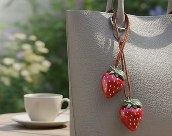 Strawberry Bag Charm – Cute Fruit Keychain – Braided Strawberry Accessory – Car Mirror Pendant – Gift for Her