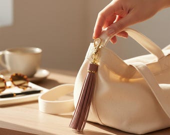 Handmade Genuine Leather Tassel Keychain Brown Bag Charm Purse Accessory Gift Women