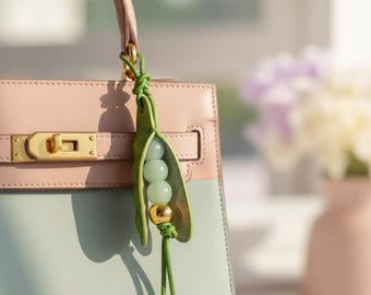 Pea Pod Keychain – Cute Green Pod Charm with Beads – Lucky Pea Keyring – Cute Bag Charm Gift