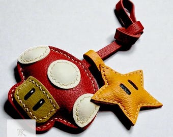 Leather Mushroom Bag Charm, Unique Keyring  – Handmade Purse Accessory, Phone Charm Strap